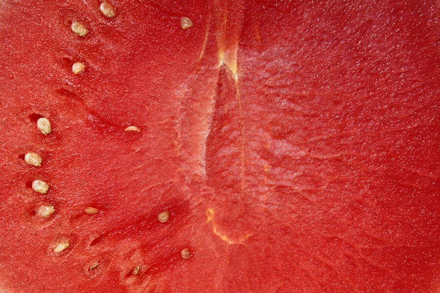 Nahaufnahme von rotem Wassermelonen-Fruchtfleisch mit dunklen und hellen Kernen
