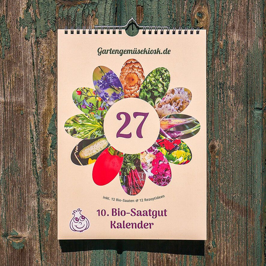Titelblatt des Saatgutkalenders 2027 – 10. Bio-Saatgut-Kalender mit 12 Bio-Saaten und 12 Rezeptideen