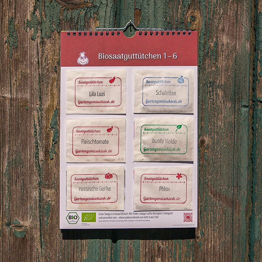Seite mit den Bio-Saatguttütchen 1 bis 6: Chili Lila Luzi, Schalotten, Fleischtomate, Bunte Melde, Russische Gurke und Phlox