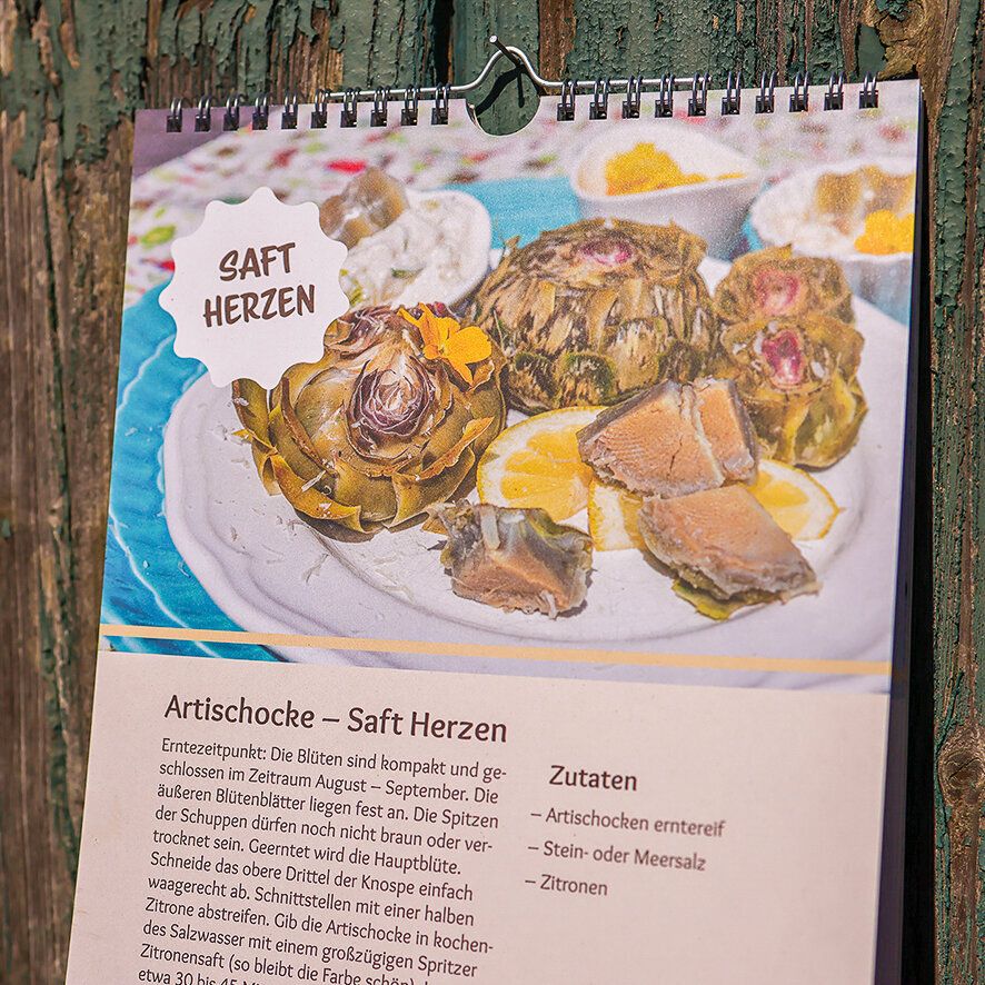 Rezeptkarte Artischocke – Saft Herzen auf der Rückseite eines Kalenderblatts